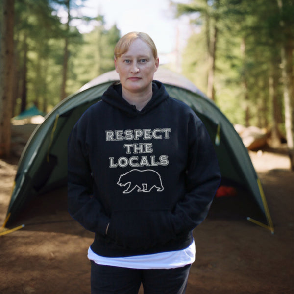 Introducing our rugged and stylish camping hoodie featuring a majestic bear design and the iconic phrase "Respect The Locals."